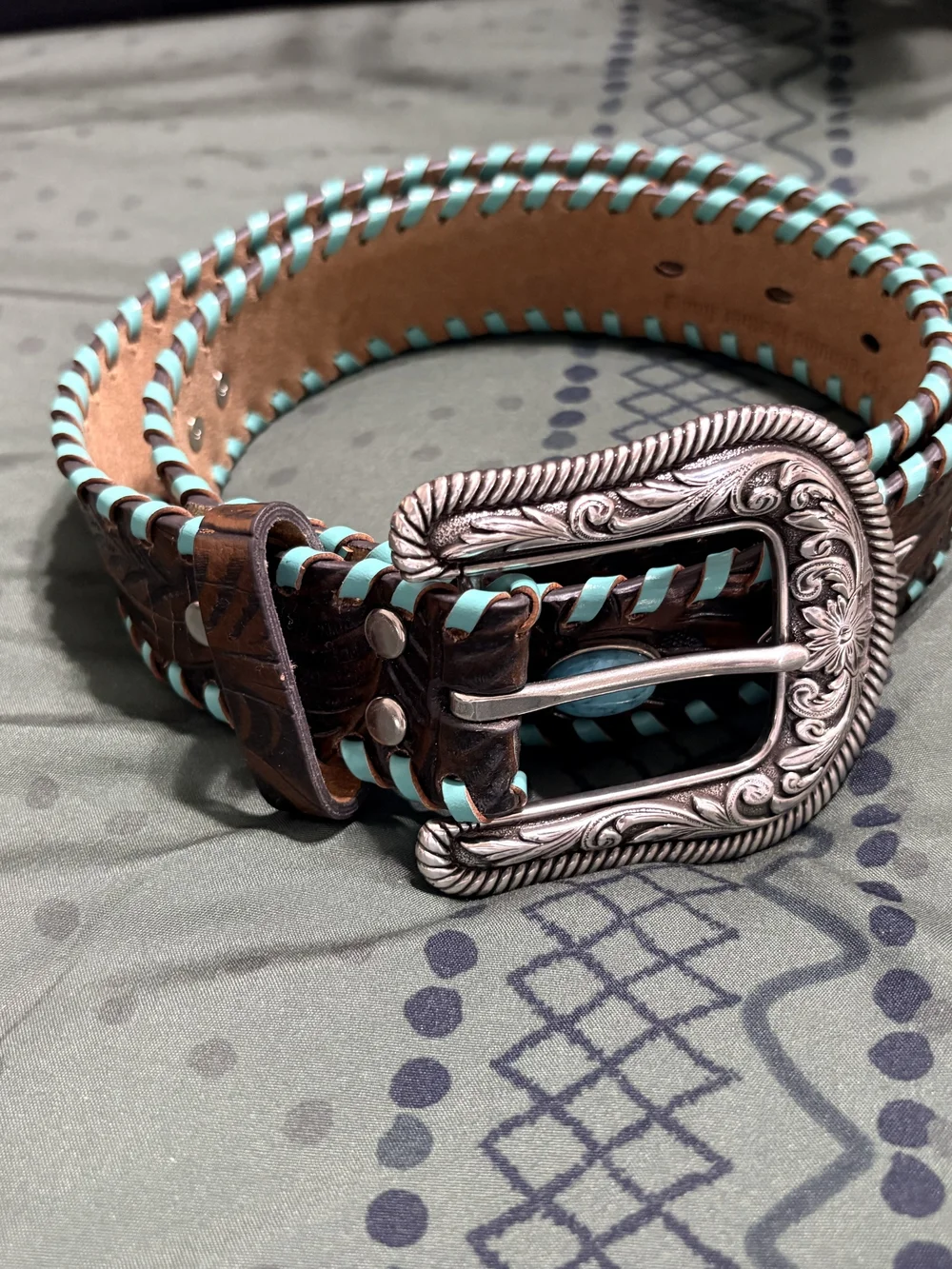 Leather Belt with Turquoise Lace Detail